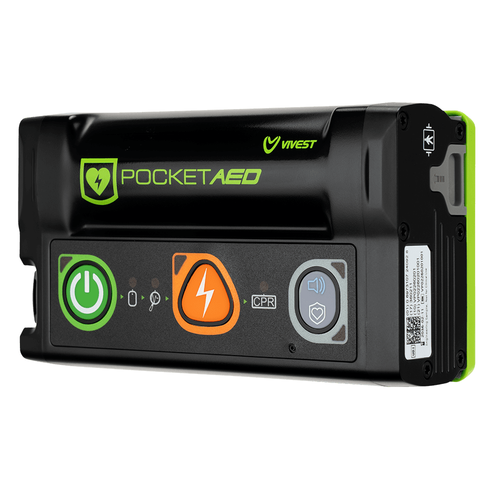 ViVest P1 Pocket AED cep boy defibrilatör önden açılı görünüm