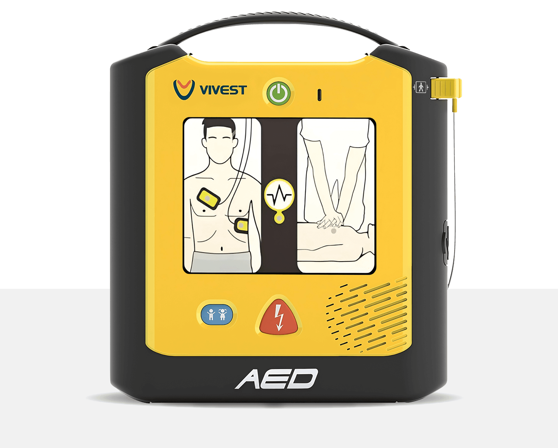 ViVest PowerBeat X1 AED yarı otomatik defibrilatör — grafik panelli model, önden görünüm